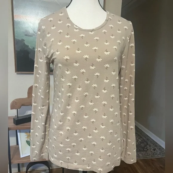 Gudrun Sjödén Daisy Long Sleeve Top Lagenlook Cotton Stretch Beige Floral S - Picture 2 of 12